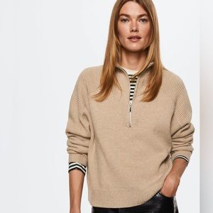 Mango High Neck Sweater with Zip Medium Brown